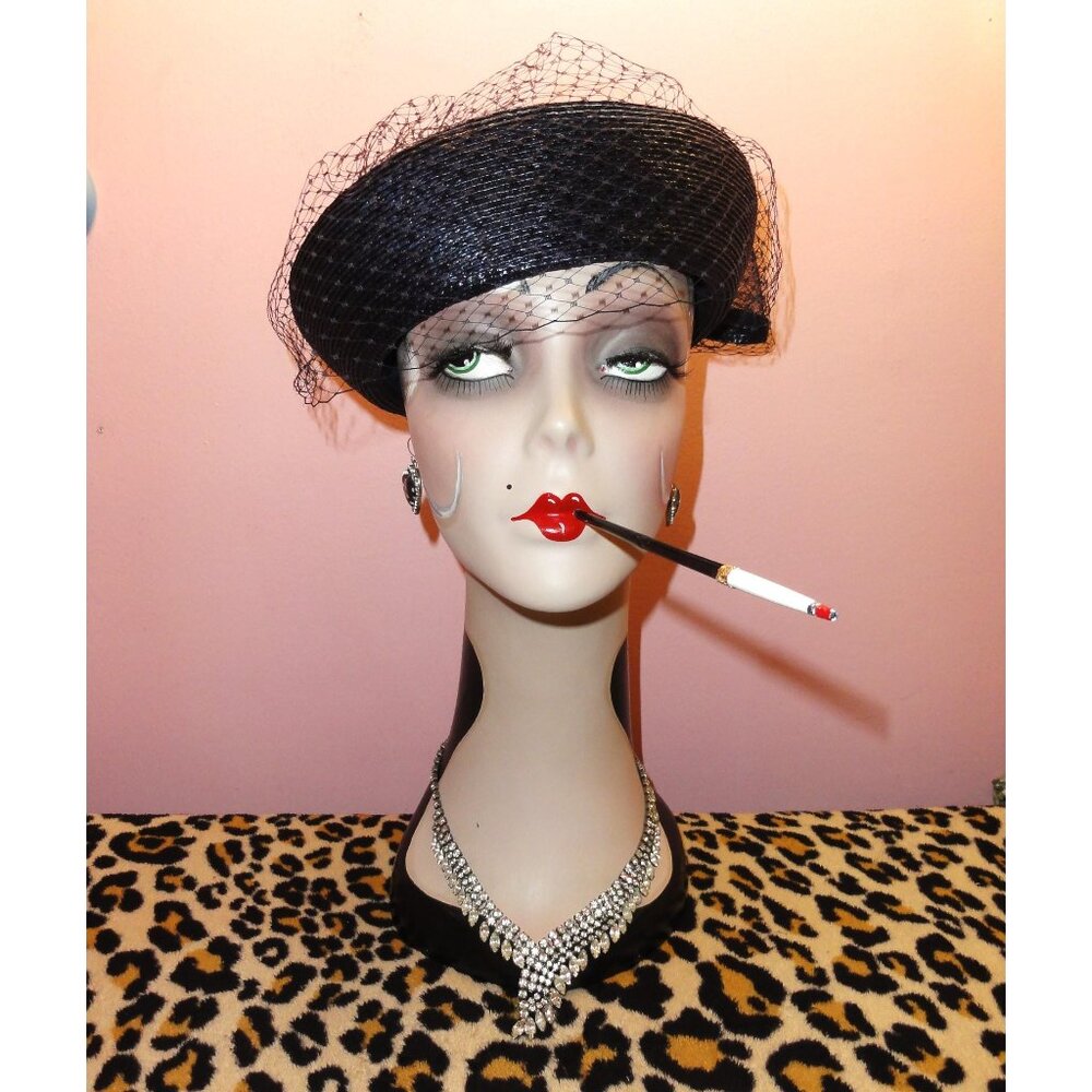 Vintage Deborah Dark Navy Blue Pillbox Hat w/ Veil and Bow church Kentucky derby